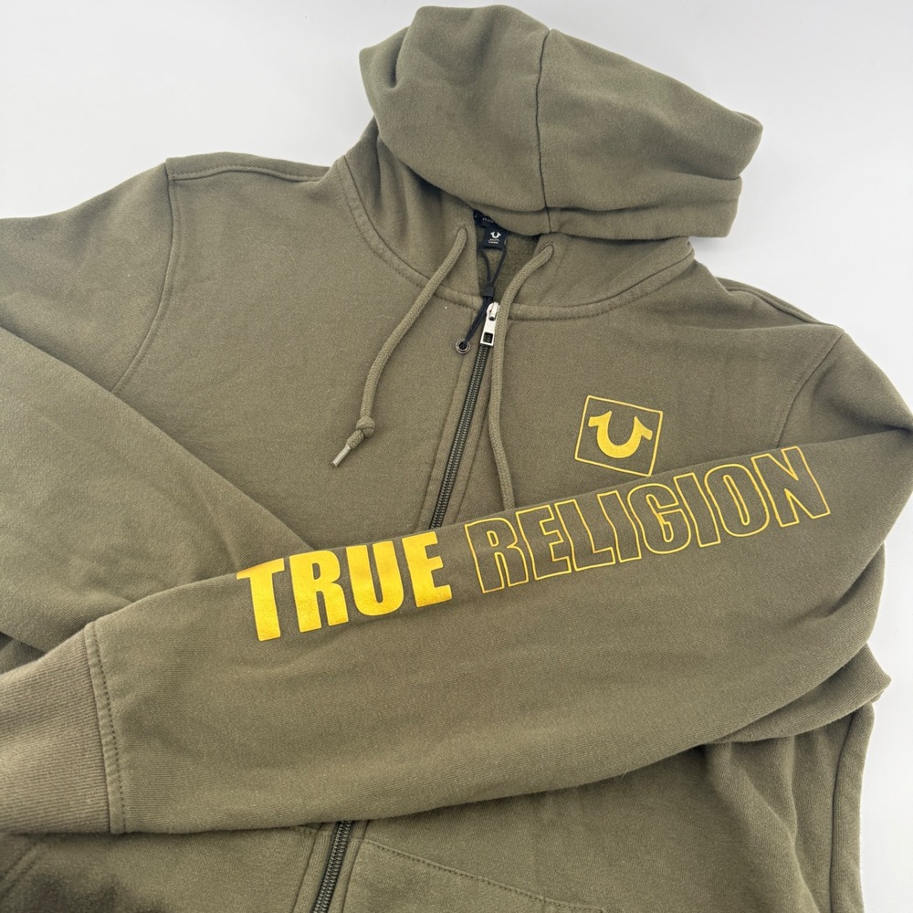 True Religion Mens Olive Green Full Zip Hoodie Horseshoe Logo Size Medium